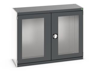 cubio cupboard with window doors. WxDxH: 1300x525x1000mm. RAL 7035/5010 or selected Bott Cubio Window Clear Door Cupboards